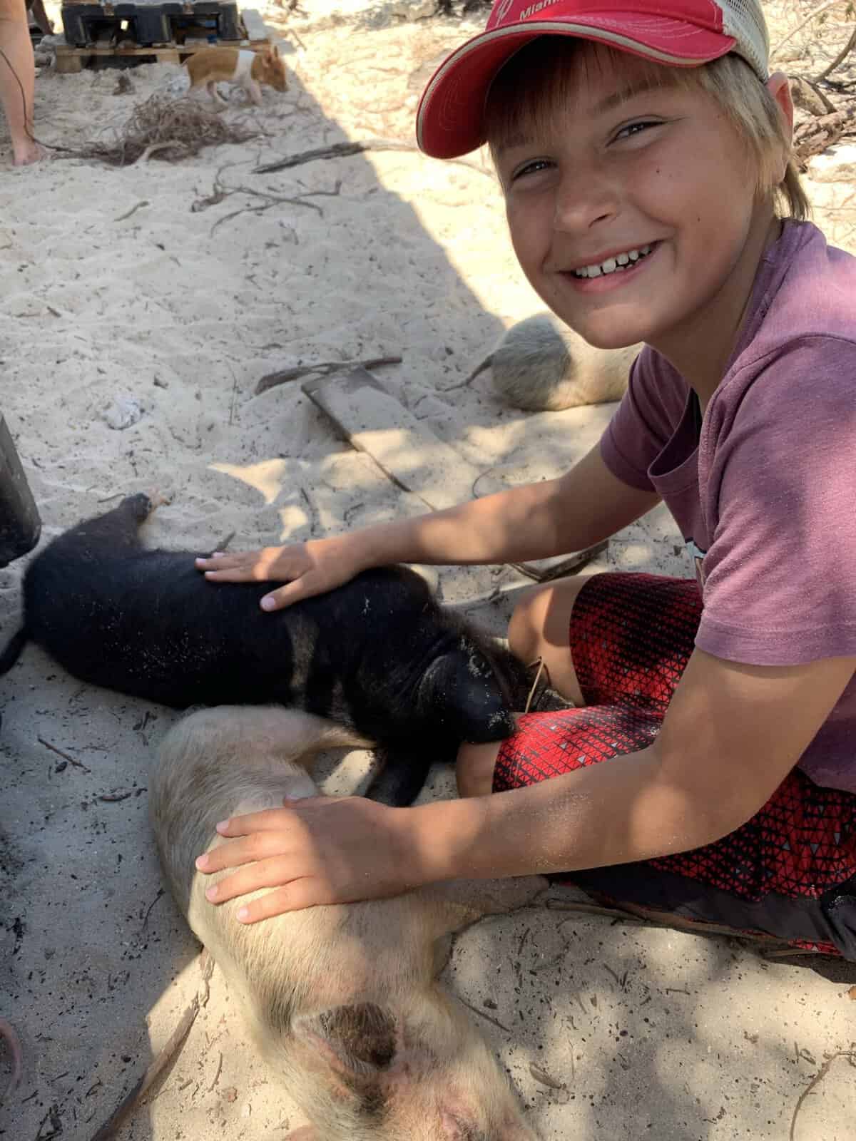boy petting a baby pig at Pigs Beach
