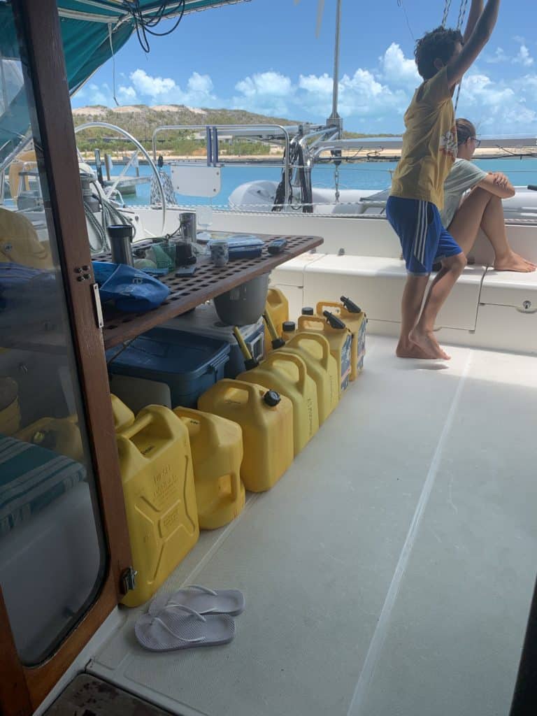 jerry cans full of diesel aboard a sailboat
