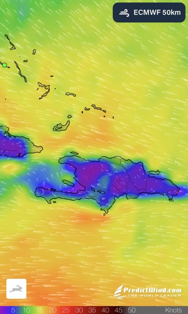 a screen shot of the winds, as we selected a weather window for sailing to the Dominican Republic. 