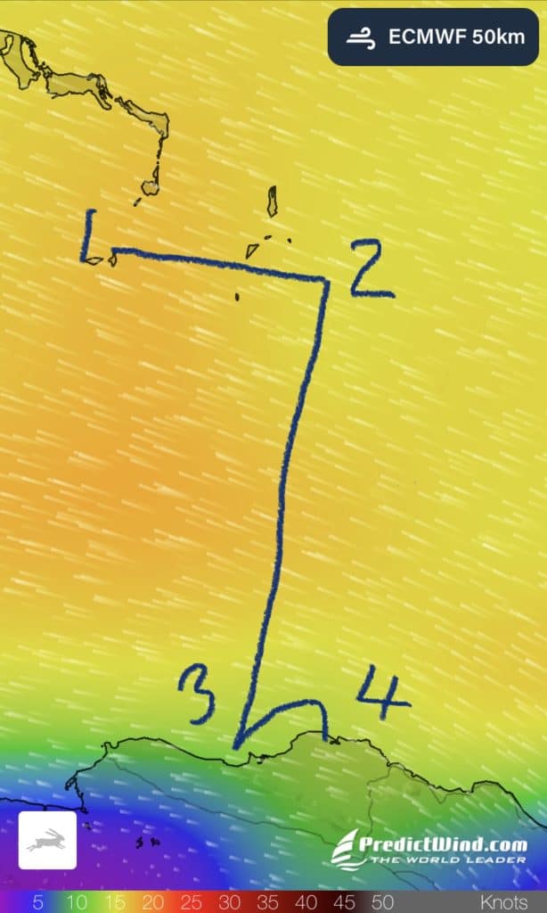 Sailing to the Dominican Republic - our steps drawn on a wind screenshot map

