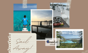 a photo collage of tropical sights and the words Ditch Suburbia and Sail Away