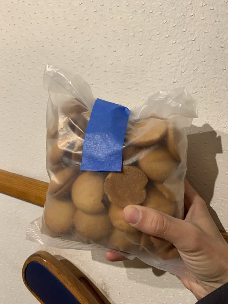 storing cookies in a plastic bag, taped with painter's tape, to avoid moisture