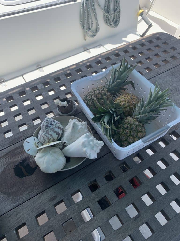 Shells and pineapples on a boat. Simple display.