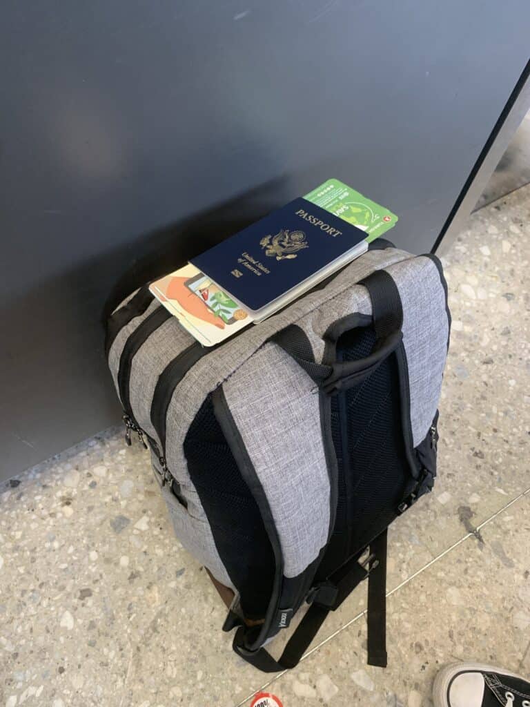 a backpack and a passport