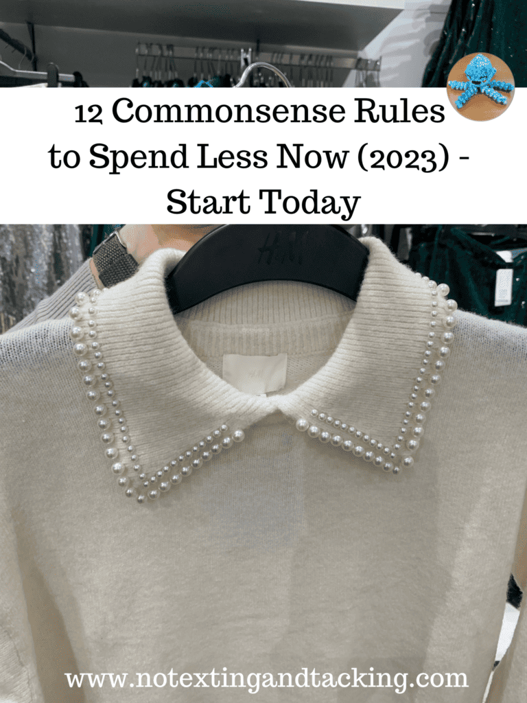 a Pinterest pin of shirt on a hanger with the post title, 12 commonsense rules to spend less now 