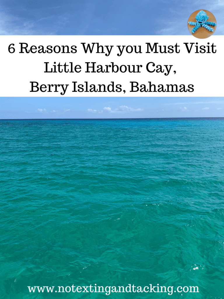 Title of post - 6 reasons why you must visit Little Harbour Cay on white background and clear blue water and sky in the photo