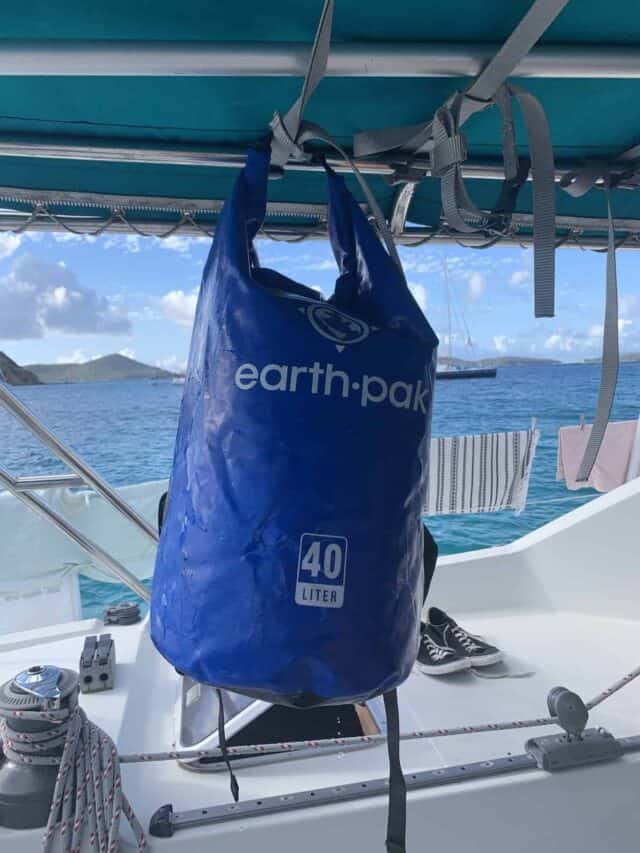 dry bag hanging in the boat cockpit