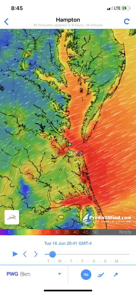 Pridict Wind App image of wind along US East Coast