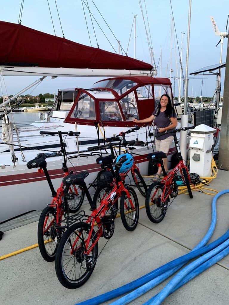 gifts for boaters - folding bikes by a sailboat at a marina