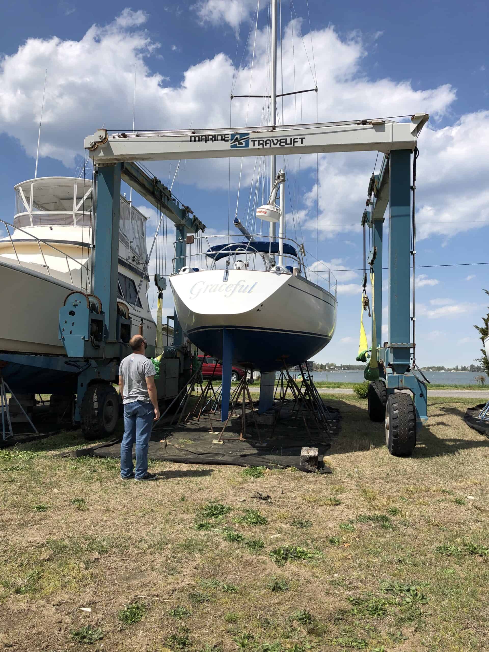 a monohull hauled out for maintenance